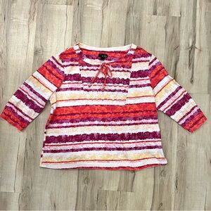 Erika Pink and Orange Striped 3/4 Sleeve Top - Size Large - 100% Cotton